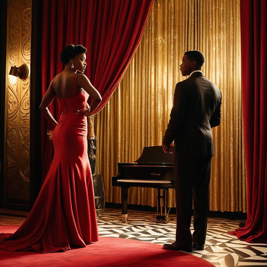 A sleek and stylish film reel surrounded by vibrant silhouettes of iconic African American actors, adorned with opulent gold accents and a background of softly flickering cinema lights. Incorporate elements of sensuality, such as elegant red velvet curtains and subtle hints of film strips curling elegantly. The atmosphere should evoke a sense of allure and sophistication, celebrating the richness of black adult cinema. vibrant colors. elegant design. cinematic flair.